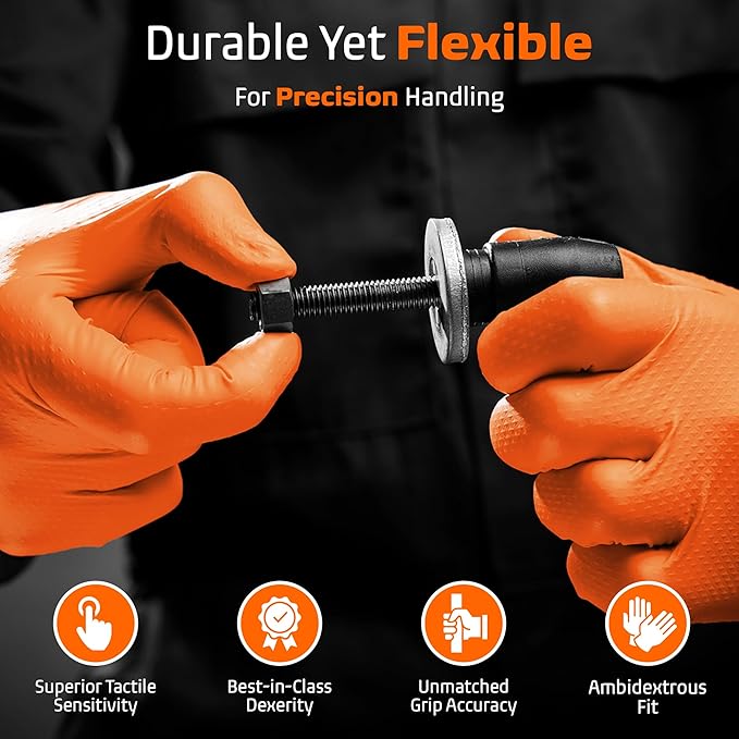 Orange Heavy Duty Nitrile Gloves - 8 Mil Textured Nitrile Gloves Disposable Latex Free