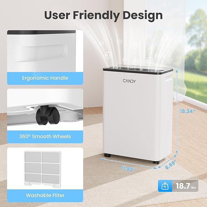 Candy 2000 Sq.Ft Dehumidifiers for Home, 34 Pints Portable Dehumidifier With Continuous/Auto/User Mode,0.66 Gal Tank,Dehumidifier for Basement,Bedroom,Bathroom,Smart Control with Drian Hose