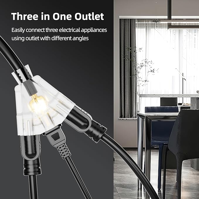 25 FT Outdoor Extension Cord with Multiple Outlets, 12 Gauge Heavy Duty Black Extension Cord Waterproof with 3 Outlet, 3 Prong Power Cord for Garden and Home Use Indicator Light, ETL Listed