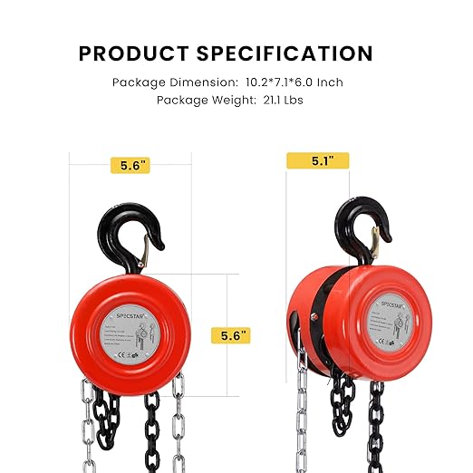 SPECSTAR Hand Chain Hoist 1 Ton 2200 Lbs Capacity 10 Feet with 2 Heavy Duty Hooks, Manual Chain Fall for Warehouse Building Automotive Machinery Red