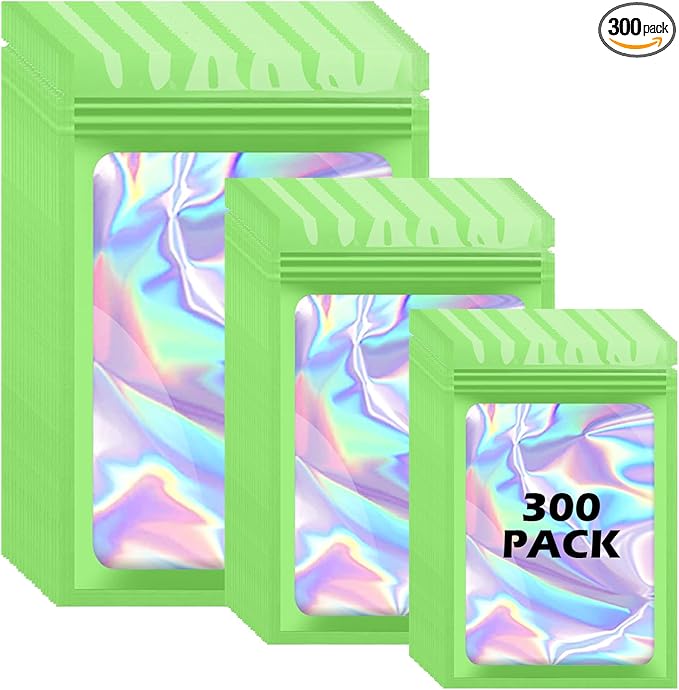 300 Pcs Holographic Mylar Bags, 3 Size Smell Proof Bags with Clear Window Foil Pouch Bags Resealable Bags for Small Business and Food Storage, Green