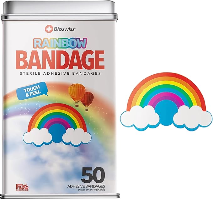 BioSwiss Kids Bandages, Rainbow Shaped Self Adhesive Bandage Set, Latex Free, Sterile Wound Care, 50 Count