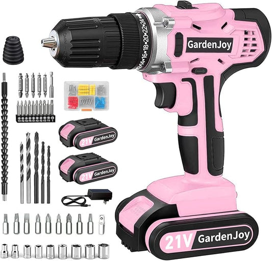 GardenJoy 20v Cordless Drill Set, Power Electric Kit 2 Batteries With Charger 30Nm 2-Speed 3/8" Keyless Chuck 24+1 Position Drill Driver screwdriver Bits with LED Electric Work Light Women DIY