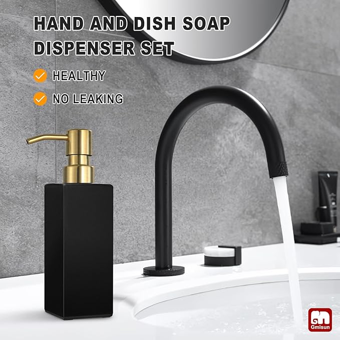 GMISUN Gold Soap Dispenser, Black Soap Dispenser Bathroom with Stainless Steel Pump, Hand and Dish Soap Dispensers Set for Kitchen, 12 fl oz/350ml Glass Liquid Refillable Lotion Dispenser Bottle