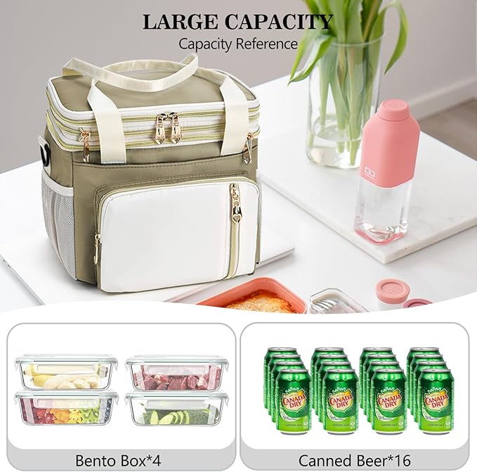 LOKASS Expandable Lunch Box for Women | Adult Lunchbag Cooler Tote Bag with Adjustable Shoulder Strap | Insulated Reusable Womens Lunch Bags for Work Camping Beach | 16L, Beige