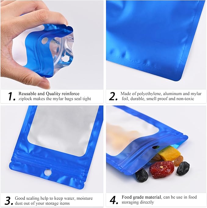 100 Pack Resealable Plastic Bags for Food Storage, Zipper Bags with Clear Front Window, Packaging Pouch for Small Business (Blue, 4.3x7.1 inch)