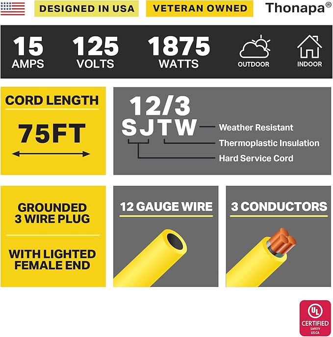 Lighted Outdoor Extension Cord 75 ft - 12 Gauge 15 Amp Heavy Duty Power Extension Cords - SJTW - Great for Major Appliances, Power Tools, Garden Supplies - Yellow