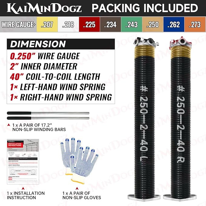 Pair of 2" Garage Door Torsion Springs Set with Non-Slip Winding Bar & Gloves,High Precision Electrophoresis Black Coated, for Replacement & Installation, MIN 16,000 Cycles (0.250x2''x40'')