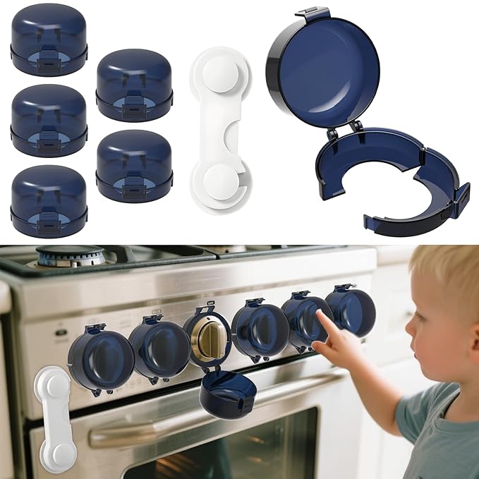 Stove knob Safety Covers for Child Upgraded Unlock Universal Size with Adult Two-Finger, Dual-Key Press Gas Stove Knob Locks Water Resistant Oil Resistant and High Temperature Resistant（5+1 Pack.）