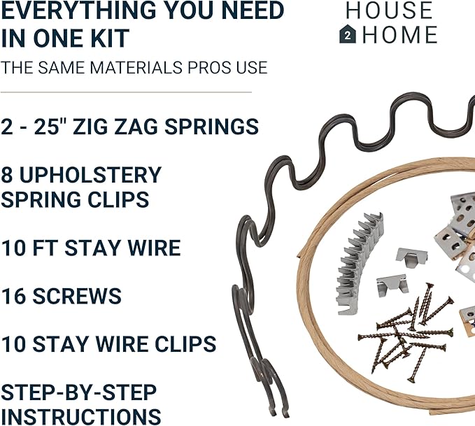 House2Home 25" Couch Spring Repair Kit to Fix Sofa Support for Sagging Cushions - Includes 2pk of Springs, Upholstery Spring Clips, Seat Spring Stay Wire, Screws, and Installation Instructions