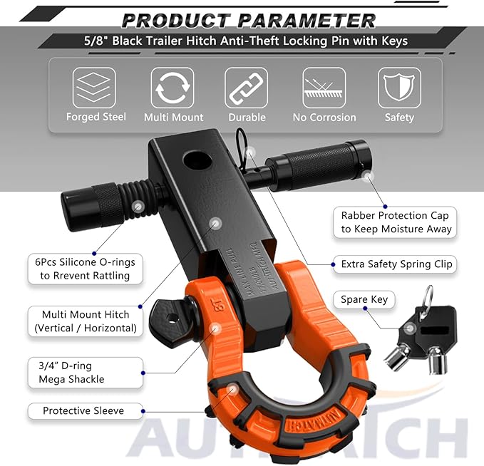 AUTMATCH Shackle Hitch Receiver 2" with 3/4" Mega D Ring Shackle and 5/8" Trailer Hitch Lock Pin, 68,000 Lbs Break Strength Heavy Duty Receiver Towing Kit for Off-Road Vehicle Recovery, Orange & Black