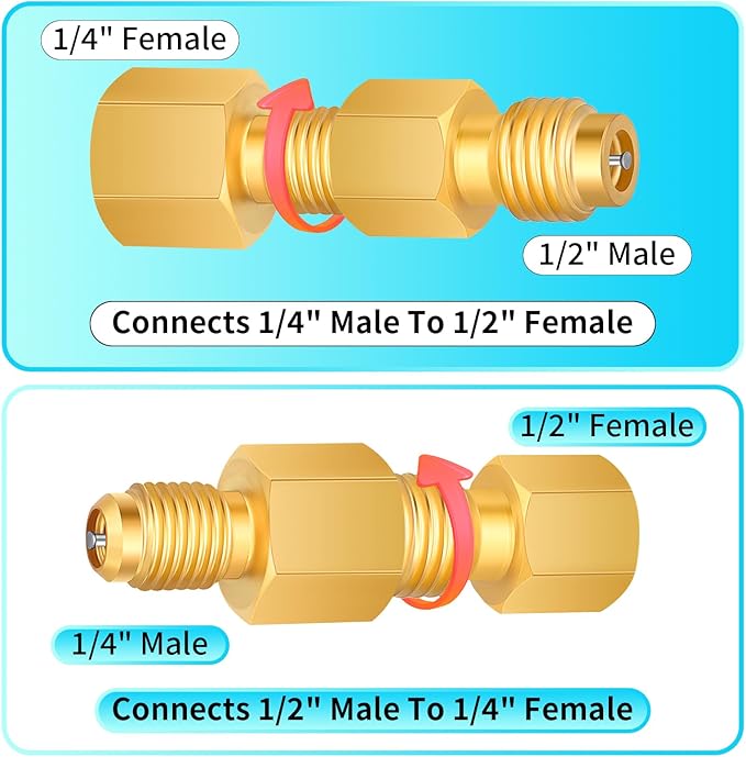 Boltigen R134a Refrigerant Tank Adapters, R12 R22 to R134a Adapter Connector, 1/2 to 1/4 Flare R134a Vacuum Pump Adapter Fittings with Valve Core Remover