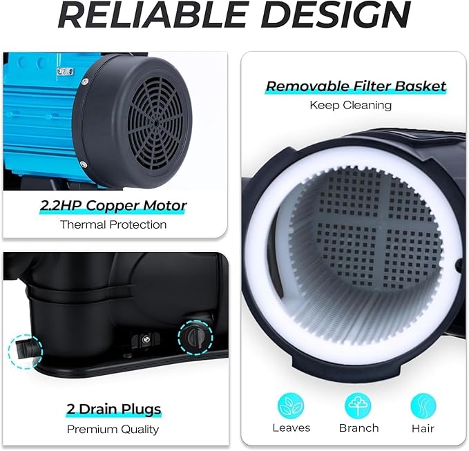 In/Above Ground Pool Pump, High Flow Powerful Self Priming Pool Pump, 2.2HP 6950 GPH 220V