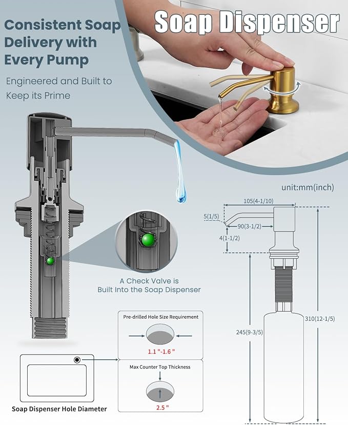 Kitchen Faucet with Soap Dispenser, Brushed Gold Kitchen Faucet, Kitchen Faucets with Pull Down Sprayer and Deck Plate, Stainless Steel Spring Camper Laundry RV Faucets for Kitchen Sinks