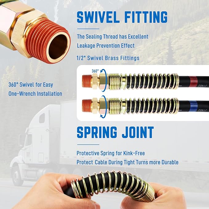 12 FT Air Line Hose Assembly Set Straight Heavy Duty Air Power Hoses for Semi Truck Trailer Tractor