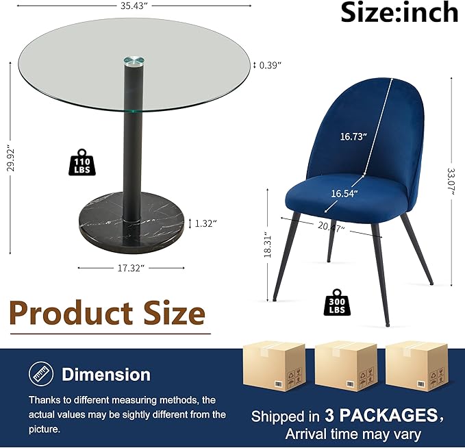 5-Pieces Small Round Kitchen Dining Table Set for 4, Contemporary Glass Dining Room Breakfast Table Set with Upholstered Dining Accent Chairs Curved Backrest, Dinette Set for Apartment