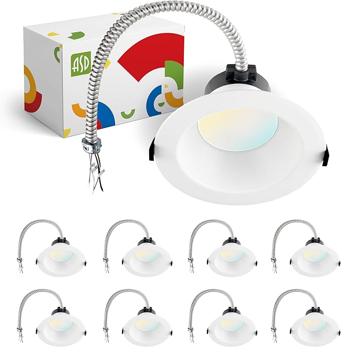 ASD Commercial LED Downlight 6 Inch, Power Adjustable Downlights 12/16/22/26/30W, Canless LED Recessed Lighting 120-277V, 5 CCT 2700K-5000K, Dimmable Ceiling Light Fixture, IC Rated, White, ETL 8 Pack