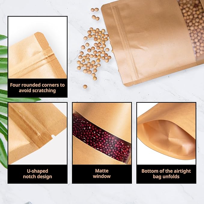 60PCS 8"X12" Kraft Paper Bags with Window,Resealable Small Stand Up Pouches for Food Storage,Reusable Zipper Lock Packaging Bags for Small Business&Personal,Candy,Cookie,Snacks,Tea,Coffee