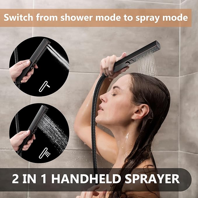 Shower Faucet Set Rainfall Shower System with Square Showerhead and Handle Set Fixture with 2 in 1 Function Handheld Sprayer Wall Mounted Trim Repair Kit Rough-in Valve 10 Inch Oil Rubbed Bronze