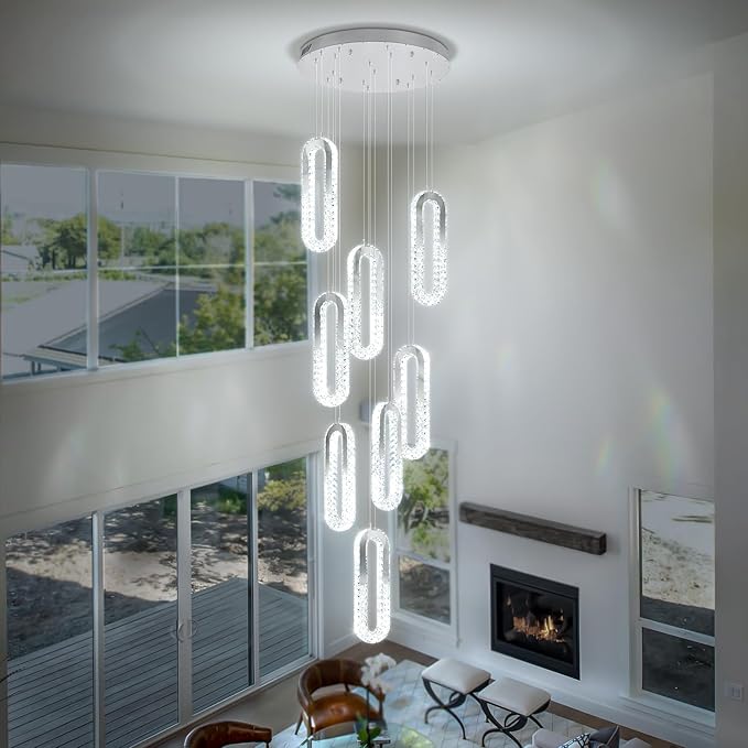 8 Rings Crystal Chandelier,H 118" Modern Silver Pendant Light Luxury Foyer Lighting Fixture High Ceiling Chandelier for Entryway,Staircase,Living Room,Villa LED Dimmable 2700K-6000K