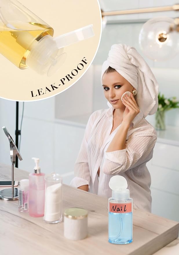 2 Pack Push Down Pump Dispenser, Empty Pump Bottle Dispenser with DlY Lables for Nail Polish, Makeup Remover, Alcohol, Facial Toner 5.1oz/150ML
