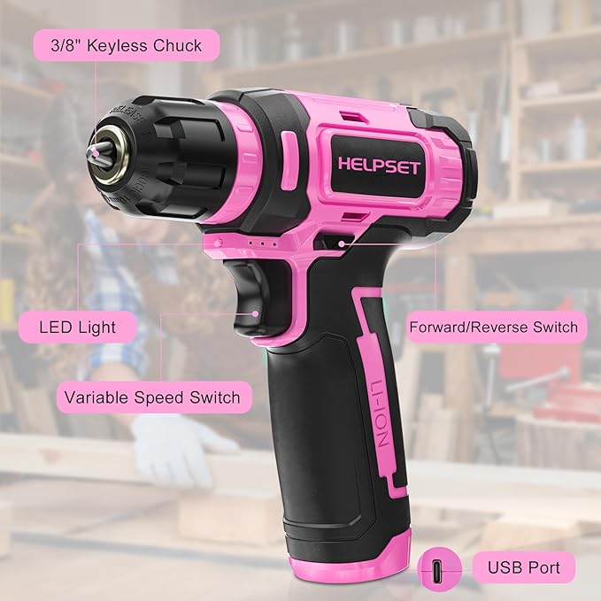 8V Cordless Drill Driver Set - 3/8" Keyless Chuck, 15pcs Drill Bits Included, Built-in LED Light for Drilling & Screwing, Comes with Toolbox for Storage (Pink)