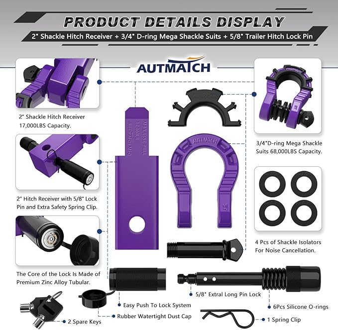 AUTMATCH Shackle Hitch Receiver 2" with 3/4" Mega D Ring Shackle and 5/8" Trailer Hitch Lock Pin, 68,000 Lbs Break Strength Heavy Duty Receiver Towing Kit for Off-Road Vehicle Recovery, Purple