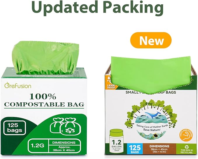 GreFusion Compostable Bags for Kitchen Compost Bin, 1.2 Gallon, 125 Count, Certified by BPI and ASTM, Leakproof and Odor Control