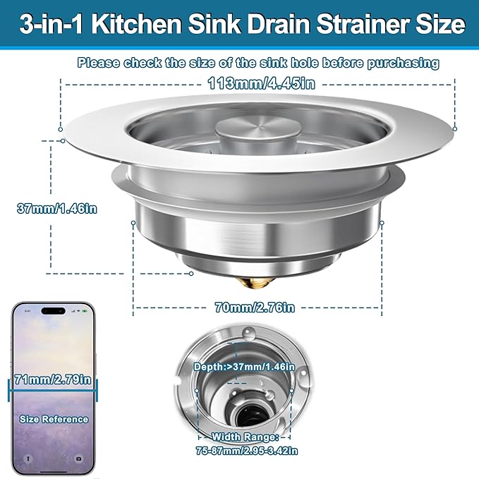 3-in-1 Kitchen Sink Drain Strainer Stopper, Upgraded Stainless Steel Sink Plug with Anti-Clog Filter Basket, Fits Standard 3-1/2 Inch Drain Hole, Pop Up Garbage Disposal Cover, Universal Food Catcher