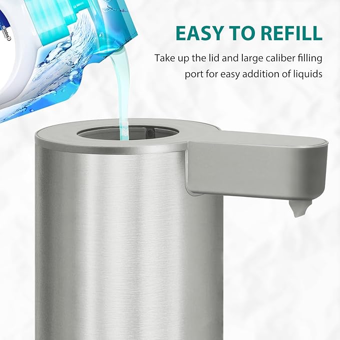Automatic Soap Dispenser Stainless Steel with Sensor Infrared Soap Dispenser Electric IPX5 Waterproof USB-C Charging Motion Sensor for Kitchen & Bathroom (Silver)