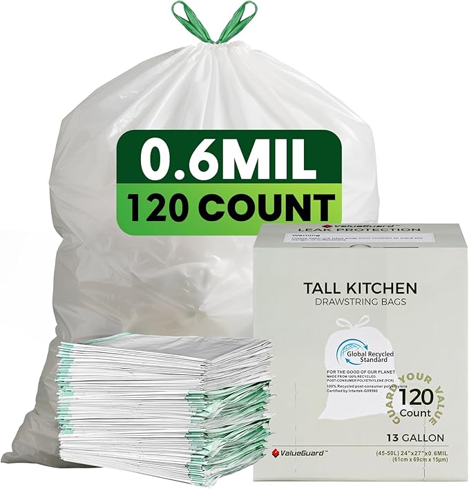 Large Trash Bag 13 Gallon Tall Drawstring 100% Post-Consumer Recycled Garbage Bag Waste Bag for Kitchen Office (120 Count, 0.6 Mil)
