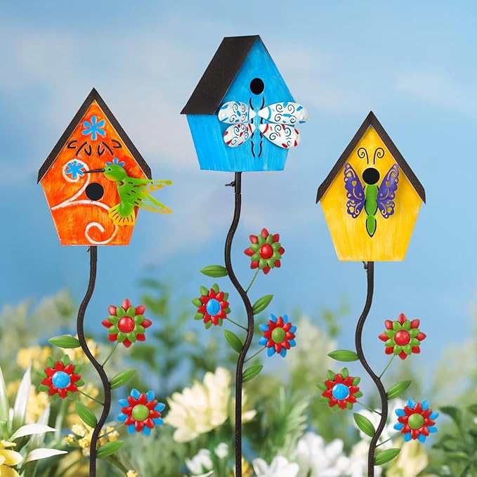 51” Bird Houses Stake for Outside, Metal Wild Bird Feeder Birdhouse Stake Pole with Butterfly Design Outdoor Decorations for Patio, Backyard, Garden