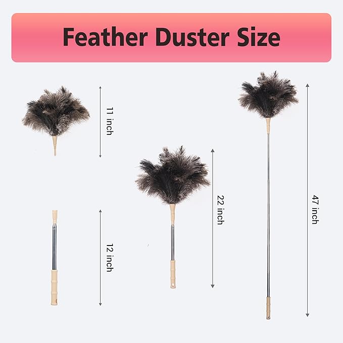 Extendable Ostrich Feather Duster, 47 inches Natural Fluffy Long Handle Feathers Dusters, Soft, Durable, Reusable for Home Office Cleaning High Ceilings, Wall, Fans, Furniture, Blinds,Roof Dusting