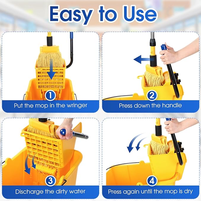 Maxdot 35 Quart Commercial Mop Bucket with Side Press Wringer on Wheels 10 Pcs Set Yellow Industrial Mop and Bucket with Caution Sign 5 Microfiber Cleaning Rag and 2 Gloves Set for Floor Cleaning