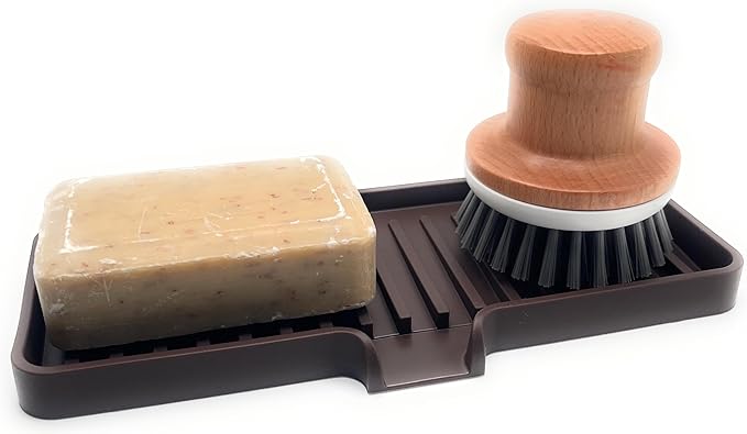 Happitasa Silicone Soap Dish Tray and Sponge Holder with Drain Chute | Bathroom and Kitchen Sink Organizer Caddy (Dark Chocolate, 9"x3.5", 5.6 Ounces)
