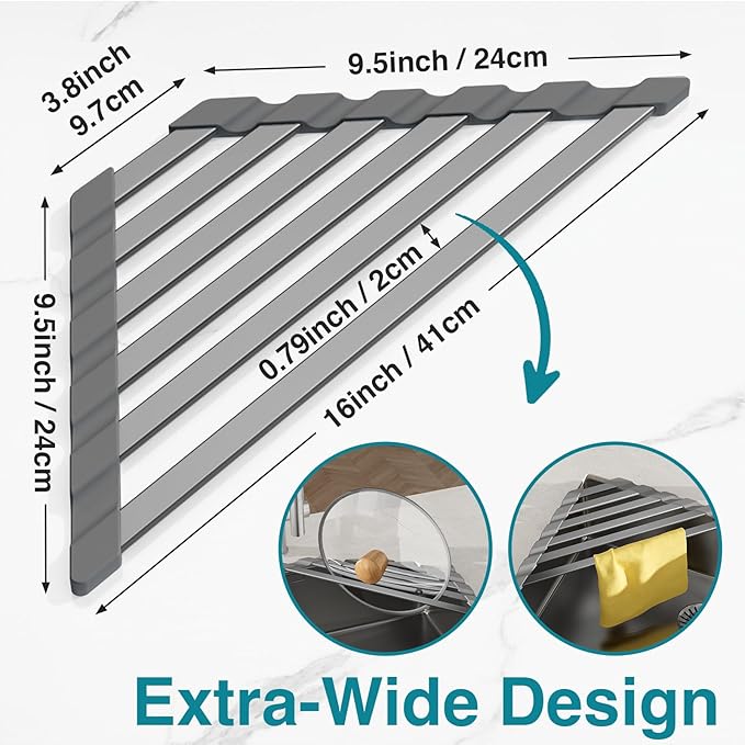 Triangular Dish Drying Rack, Sponge Holder for Kitchen Sink Multipurpose Over The Sink Aluminum Draining Rack Non-Slip, Easy to Clean and Space Saving, Triangular 16 x 9.5inch Matte Grey