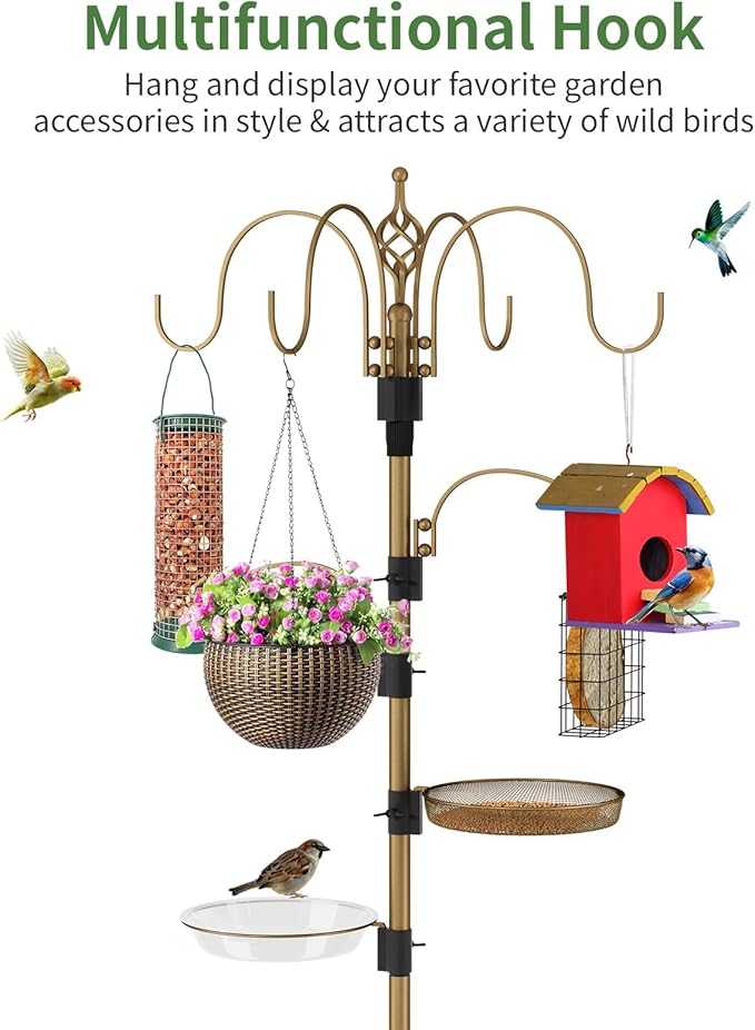 Bird Feeding Station with Multi Feeder Hanging, 4-Hook Bird Feeder Pole with 5 Prong Base, Metal Suet Feeder, Mesh Tray for Attracting Wild Birds and Planter Hanger (Copper 91in)