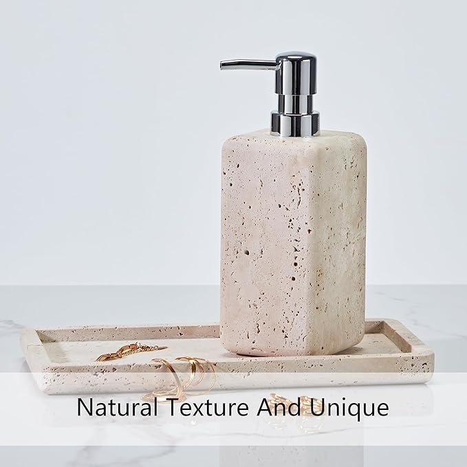 Ivory Travertine Soap Pump, Refillable Bathroom Liquid Dispenser with Stainless Steel Pump, Natural Organic Stone Hand Lotion Dispenser, Pump Bottle Dispenser for Bathroom and Kitchen Countertop