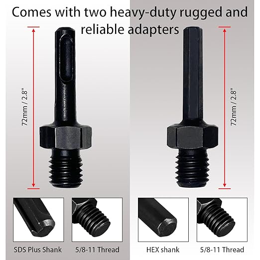 1 1/2 inch Dry Core Drill Bits 10in/254mm Drilling Depth， 5/8-11" Thread，10mm Diamond Segment Height，2 Adapters