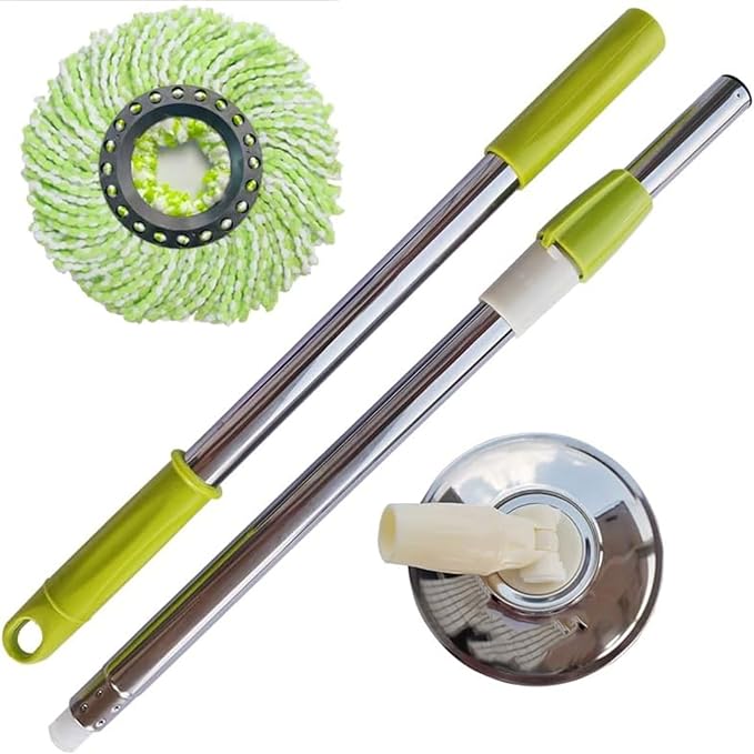 Spin Mop Replacement Handle, 360 Degrees Rotating Telescopic Stick with Robust Reinforced Plastic Disc for Spin Mop Bucket Cleaning System (Stainless Steel, Green)