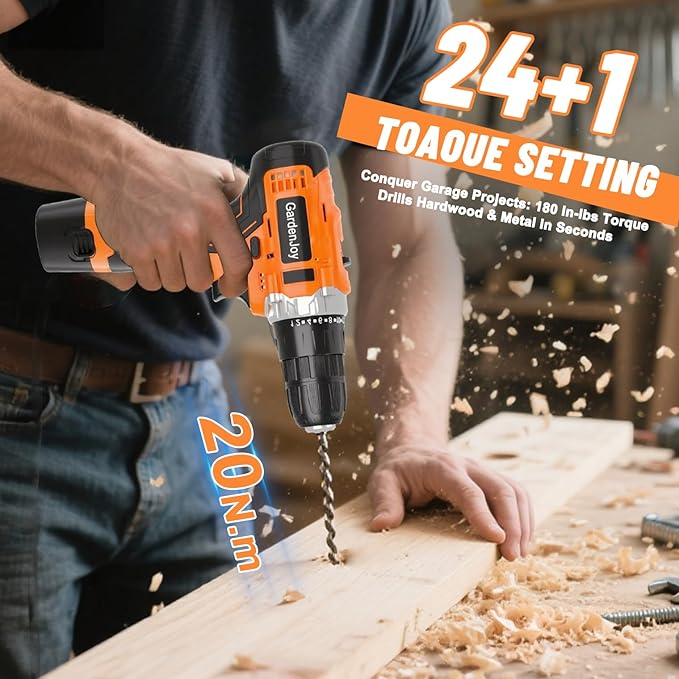 12V Orange Portable Drill Set, 2 Batteries + Fast Charger Included, 2-Speed Control, 3/8" Keyless Chuck, 24+1 Torque Settings, LED Work Light for DIY