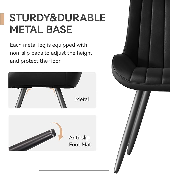 Dining Chairs Set of 2, Faux Leather Mid Century Modern Kitchen Chairs with Soft Cushion, Comfortable Upholstered Dining Room Chairs for Kitchen, Black