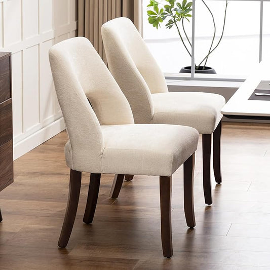 UVV Wooden Dining Chairs Set of 2, Mid Century Modern Chenille Upholstered Dining Room Chair Kitchen Chairs, Farmhouse Dinner Chair with Solid Wood Legs for Kitchen Dining Room, Beige-Chenille
