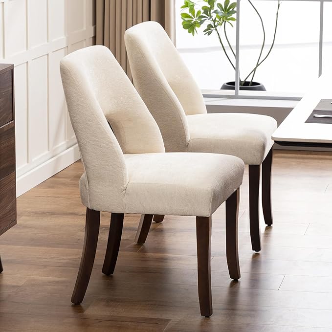 UVV Wooden Dining Chairs Set of 4, Mid Century Modern Chenille Upholstered Dining Room Chair Kitchen Chairs, Farmhouse Dinner Chair with Solid Wood Legs for Kitchen Dining Room, Beige-Chenille