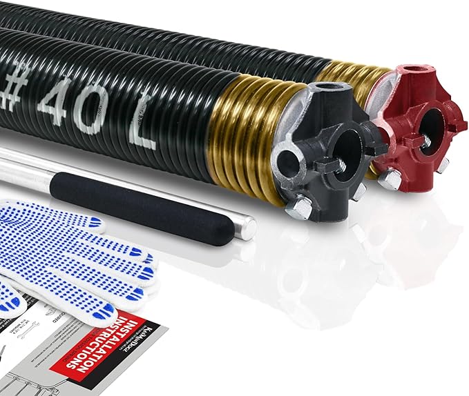 Pair of 2" Garage Door Torsion Springs Set with Non-Slip Winding Bar & Gloves,High Precision Electrophoresis Black Coated, for Replacement & Installation, MIN 16,000 Cycles (0.250x2''x40'')