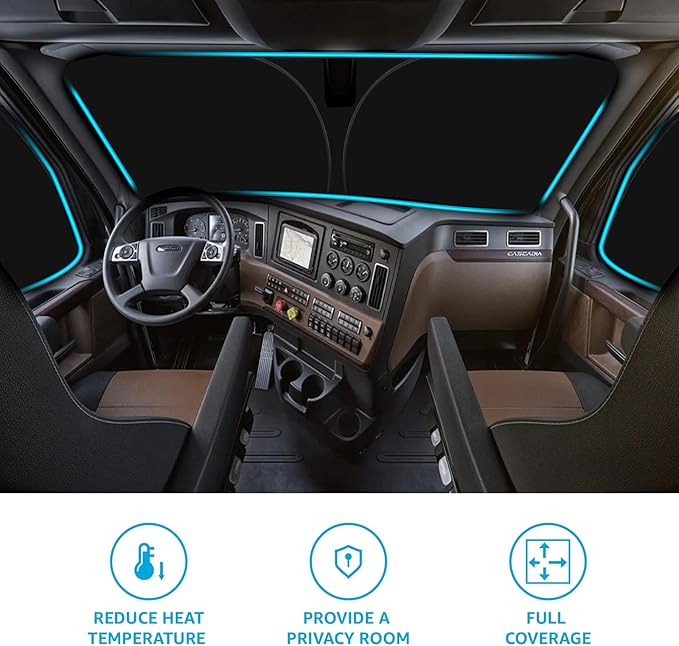 Front Windshield and Side Windows Custom Fit 2018-2024 2025 Freightliner Cascadia, Semi-Truck Semi, Commercial & Big Rig Truck Sun Shade Foldable Sun Protector Privacy Cover