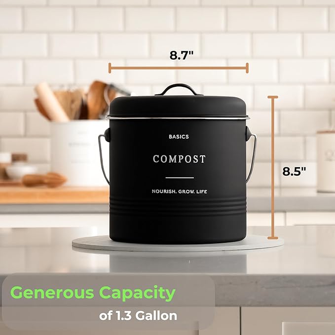 D'Lifeful Kitchen Compost Bin – 1.3 Gallon Countertop Farmhouse Compost Container with Lid – Odorless Indoor Food Scrap Pail with 6 Charcoal Filters – Eco-Conscious and Easy to Clean - Black