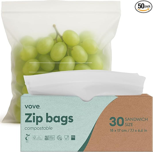 Vove Compostable Sandwich Bags, Medium 30 Count – Freezer Safe, Leak Proof, Non Toxic, Writable Surface for School Lunches & Meal Prep, Eco-Friendly