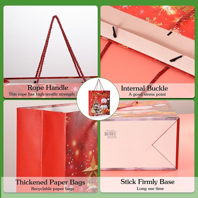 Rusikia 12 Christmas Gift Bags with 12 Tissues and 1 Satin Ribbon, Red Party Favor Bags Bulk with Handles, Glittery Cute Tree Snow-man Paper Bag for Xmas Holiday Birthday Wedding (Small 9"x7"x3")