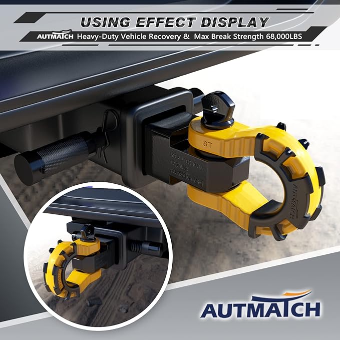 AUTMATCH Shackle Hitch Receiver 2" with 3/4" Mega D Ring Shackle and 5/8" Trailer Hitch Lock Pin, 68,000 Lbs Break Strength Heavy Duty Receiver Towing Kit for Off-Road Vehicle Recovery, Black & Yellow